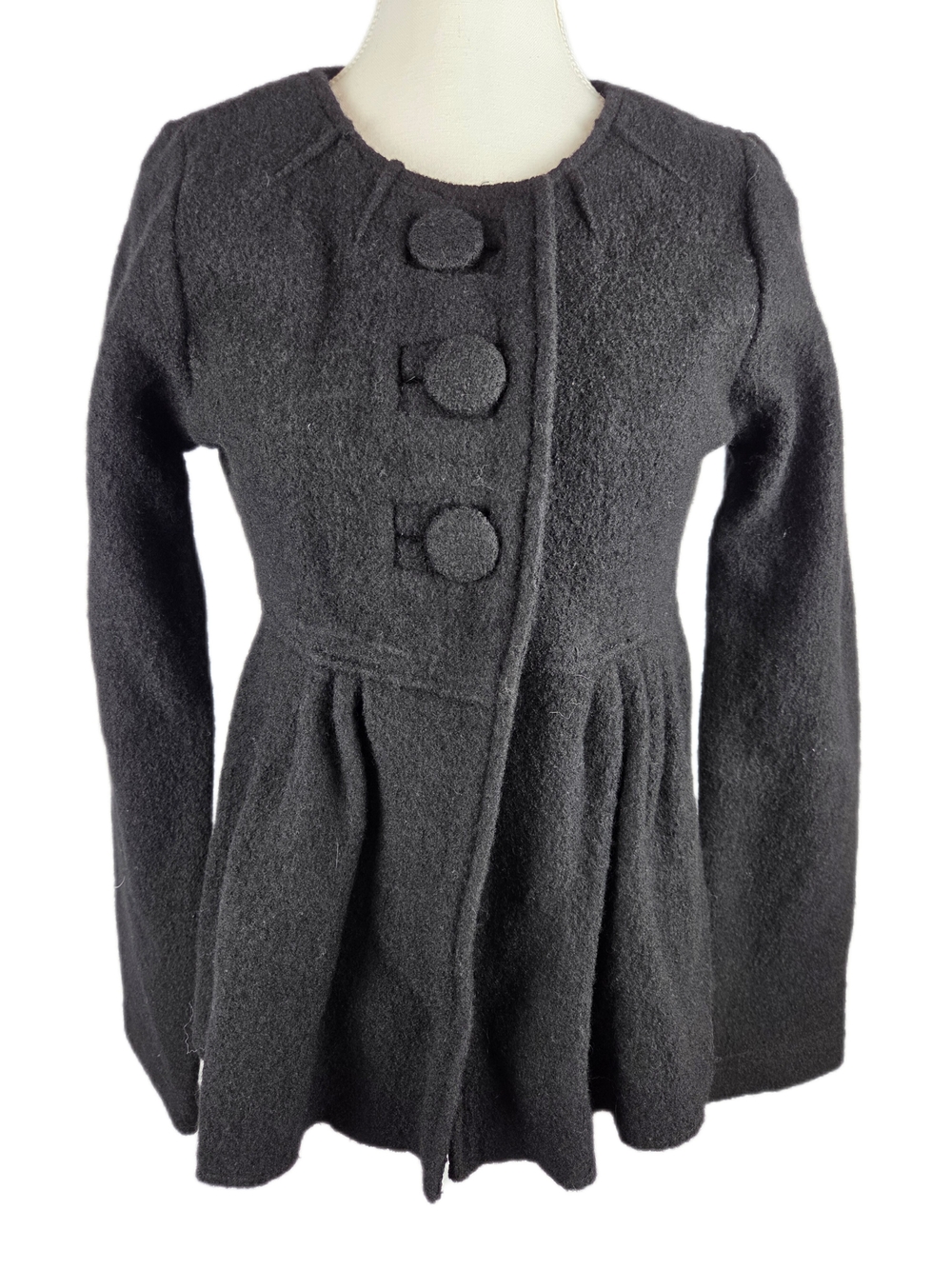 Zara Black Peplum Wool-Blend Coat with Covered Buttons